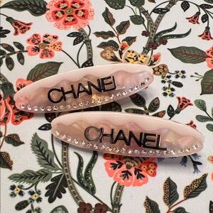 CHANEL 2 pieces  set Blush pink  Hair Clips with Rhinestone Accents silver